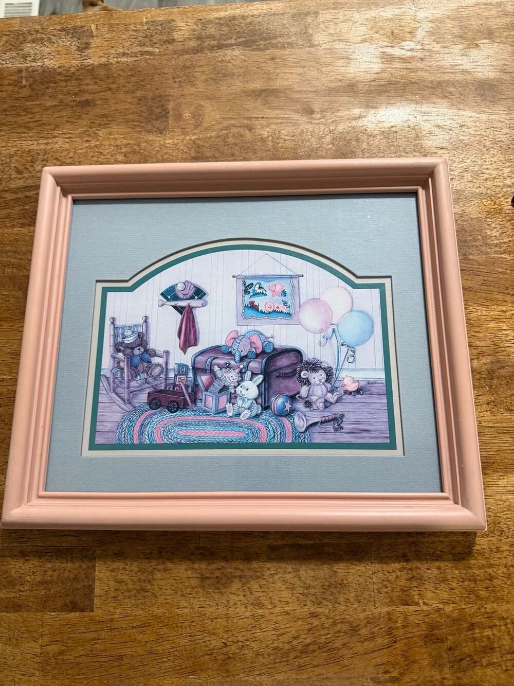Vintage Nursery Room Toy Scene Framed Art Print with Pink Wooden Frame